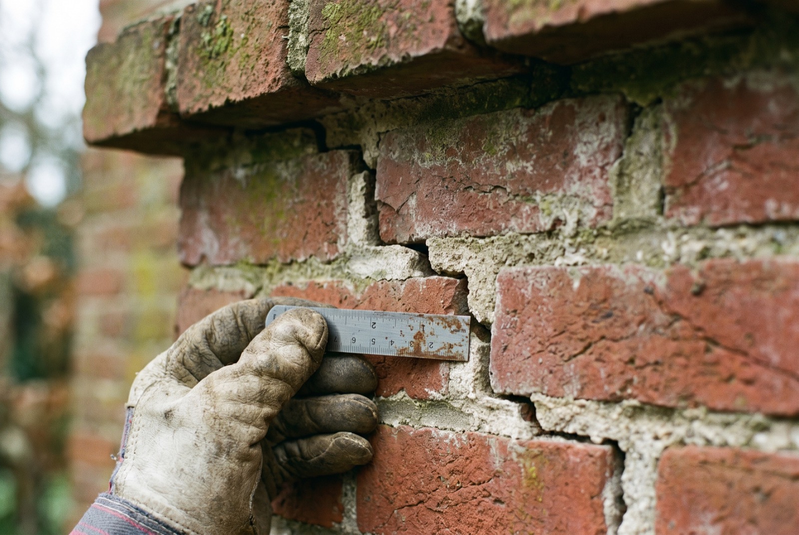 A gloved hand holding a steel ruler across a crack in an old brick wall