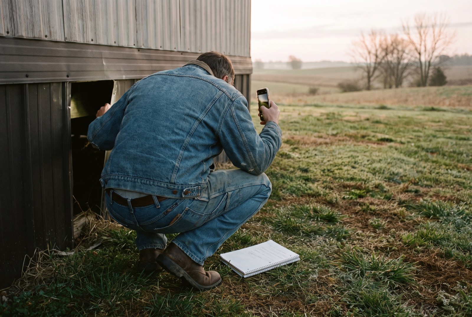 A buyer crouched at an open skirting panel looking under a manufactured home