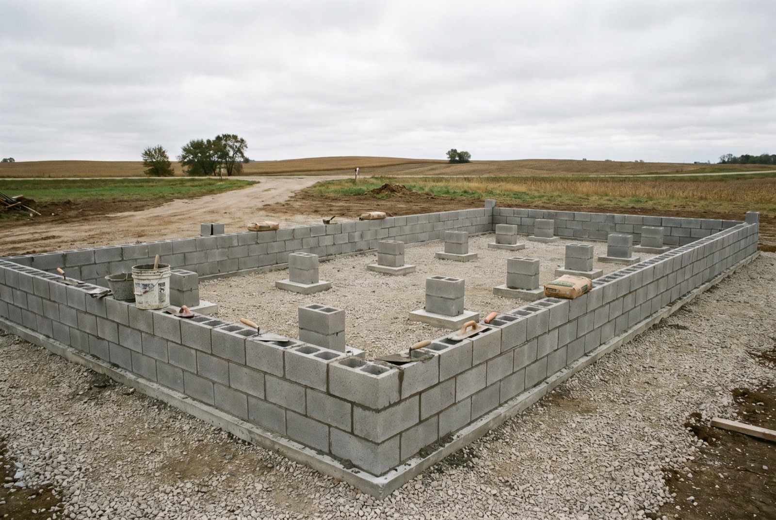 A concrete block perimeter foundation and interior piers before the home is set