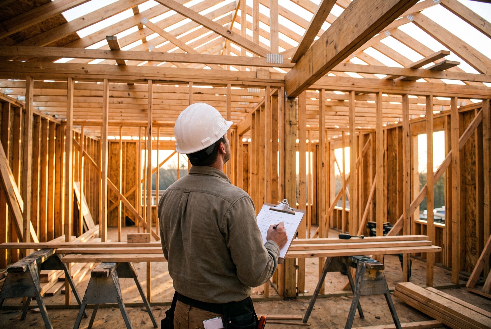 An inspector with a clipboard inside a wood-framed house under construction