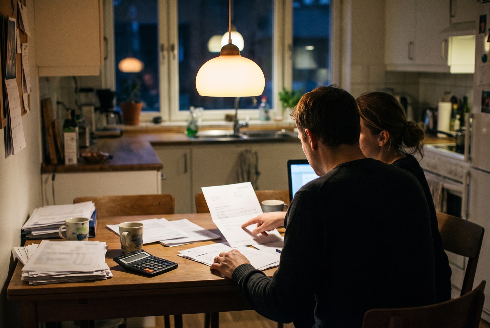 A couple at a kitchen table going through mortgage paperwork