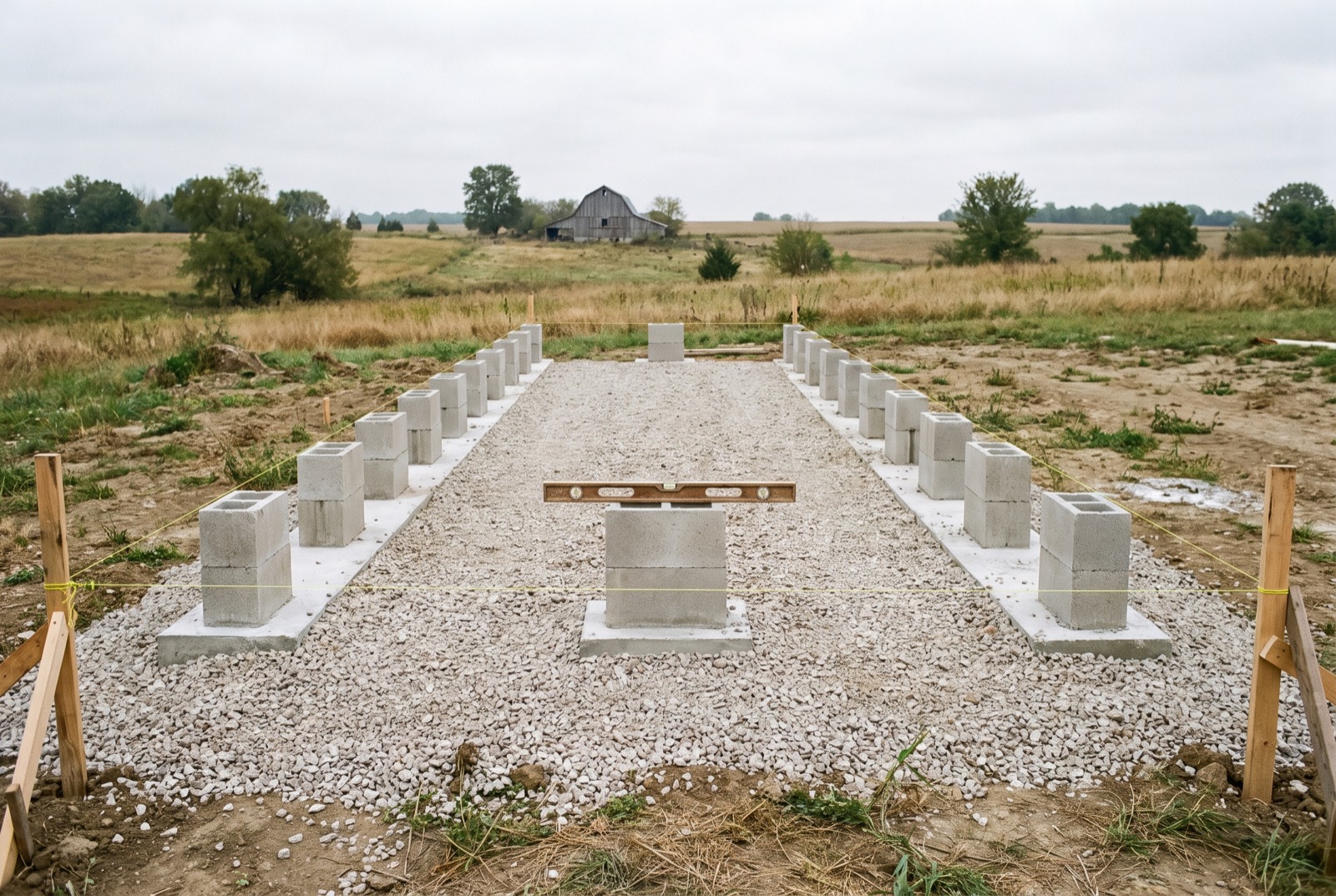 New concrete footings and block piers set out in rows for a manufactured home