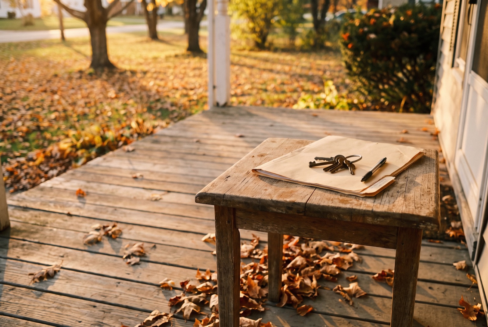 A folder of documents and house keys on a porch table in autumn