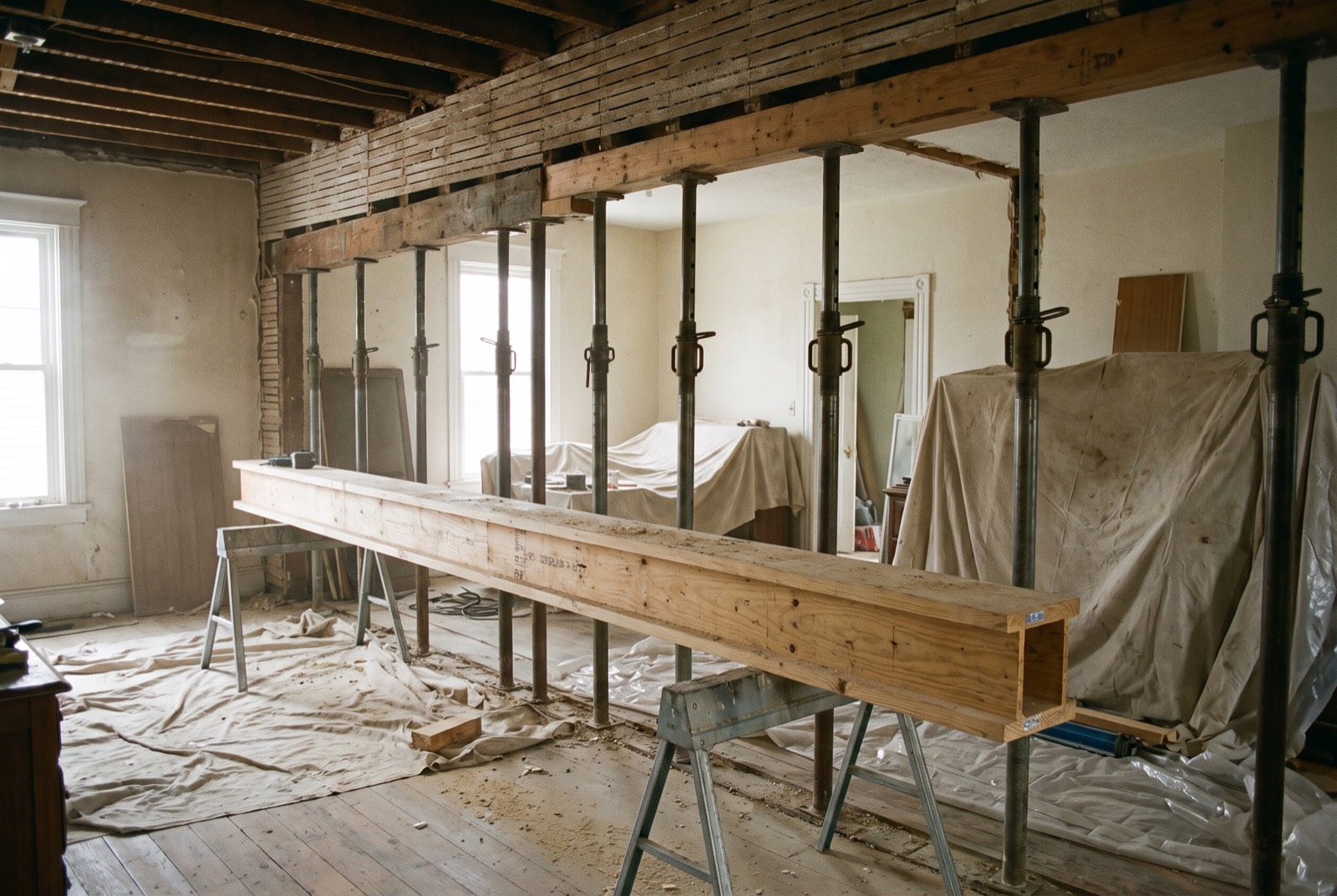 Temporary shoring posts holding a ceiling where a wall has been removed