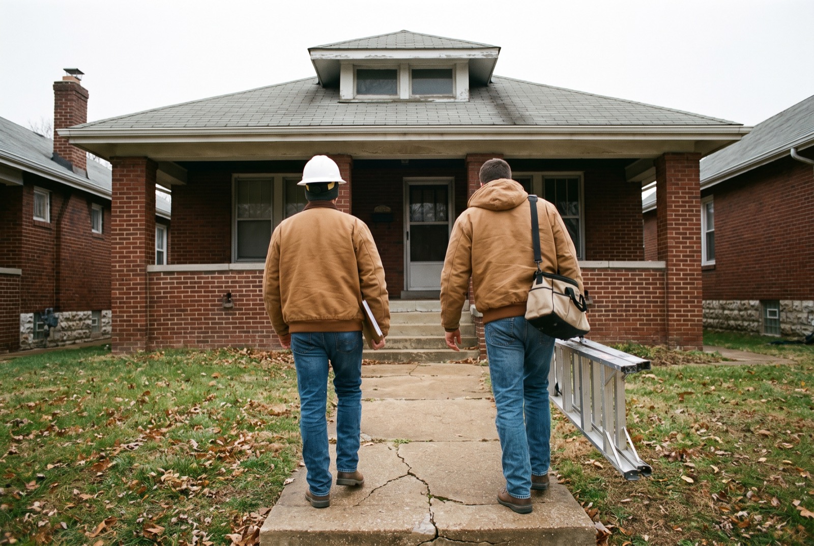 An engineer with a clipboard and a home inspector with a ladder outside a brick house