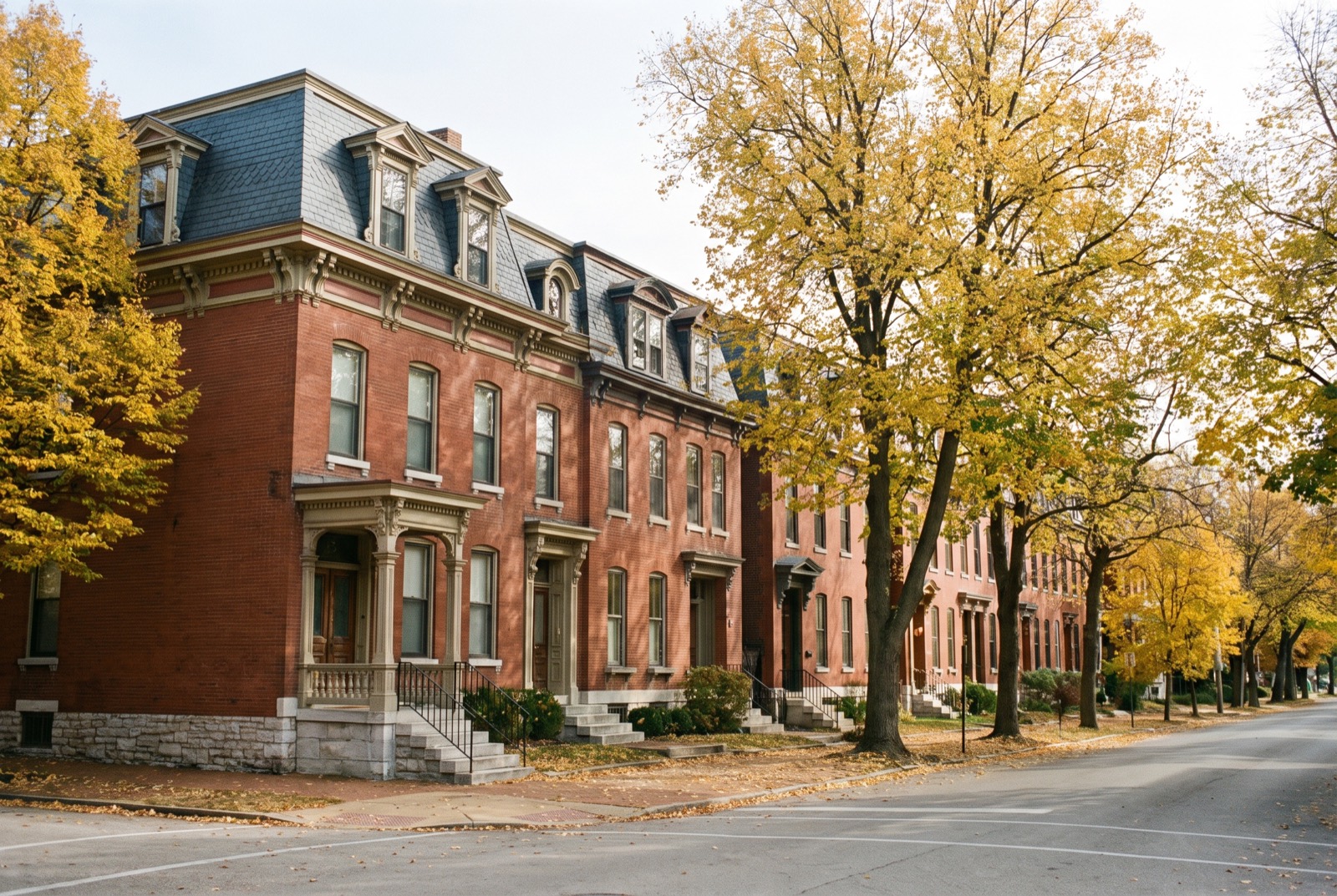 A row of brick townhouses with mansard roofs and bracketed cornices