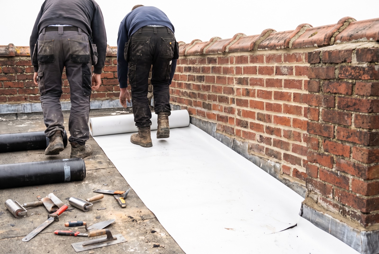 Roofers laying a new membrane up to a repointed brick parapet