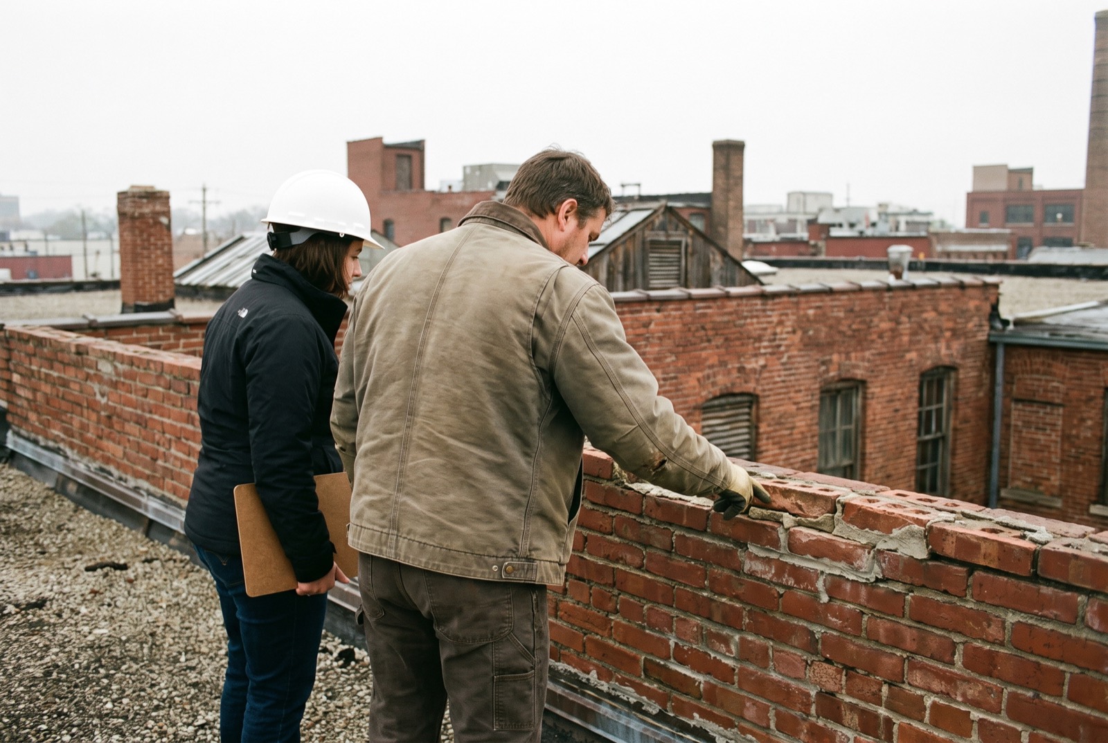 An engineer and a mason looking at a brick parapet from the roof