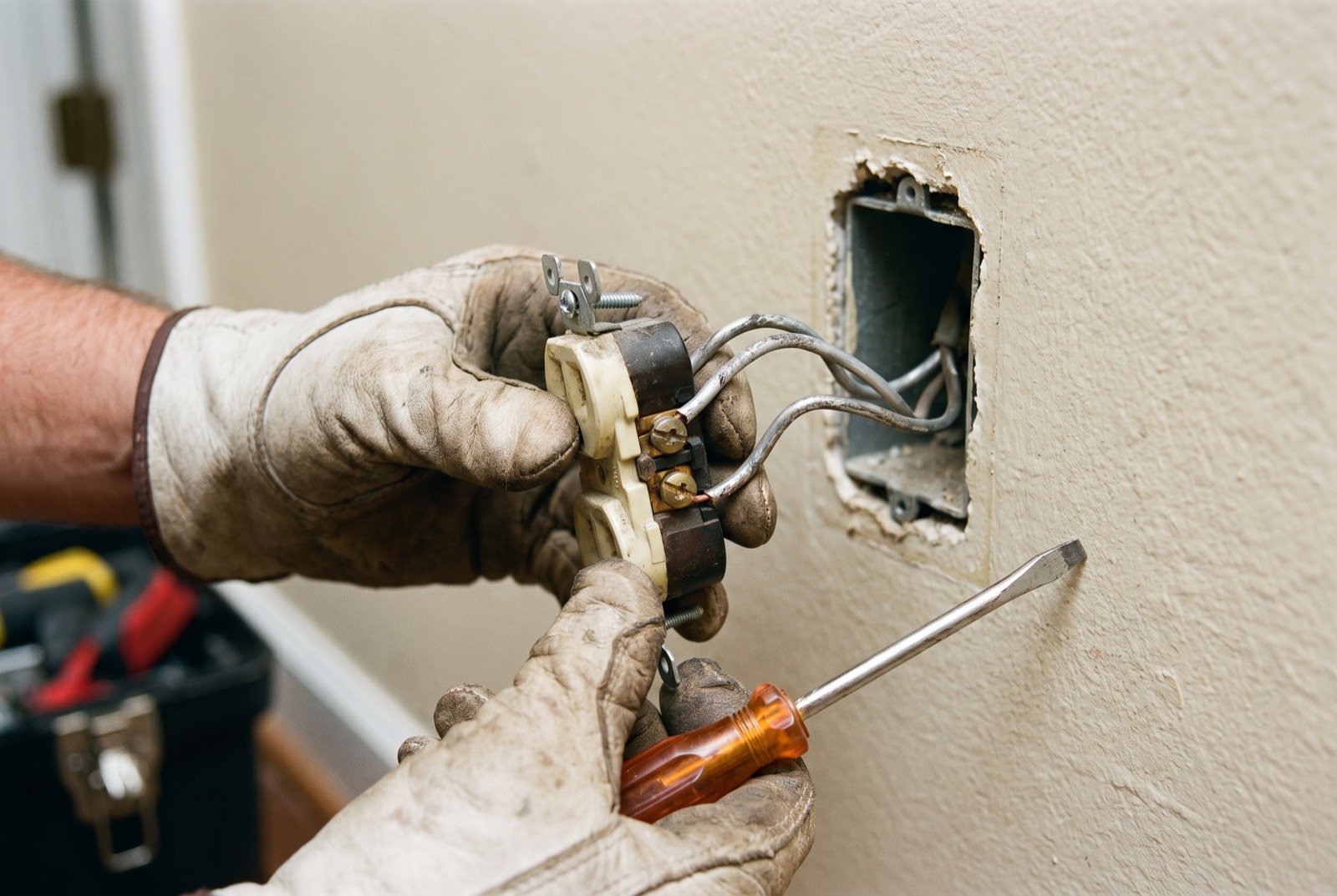 An electrician holding an outlet pulled from its box, showing aluminum branch wiring