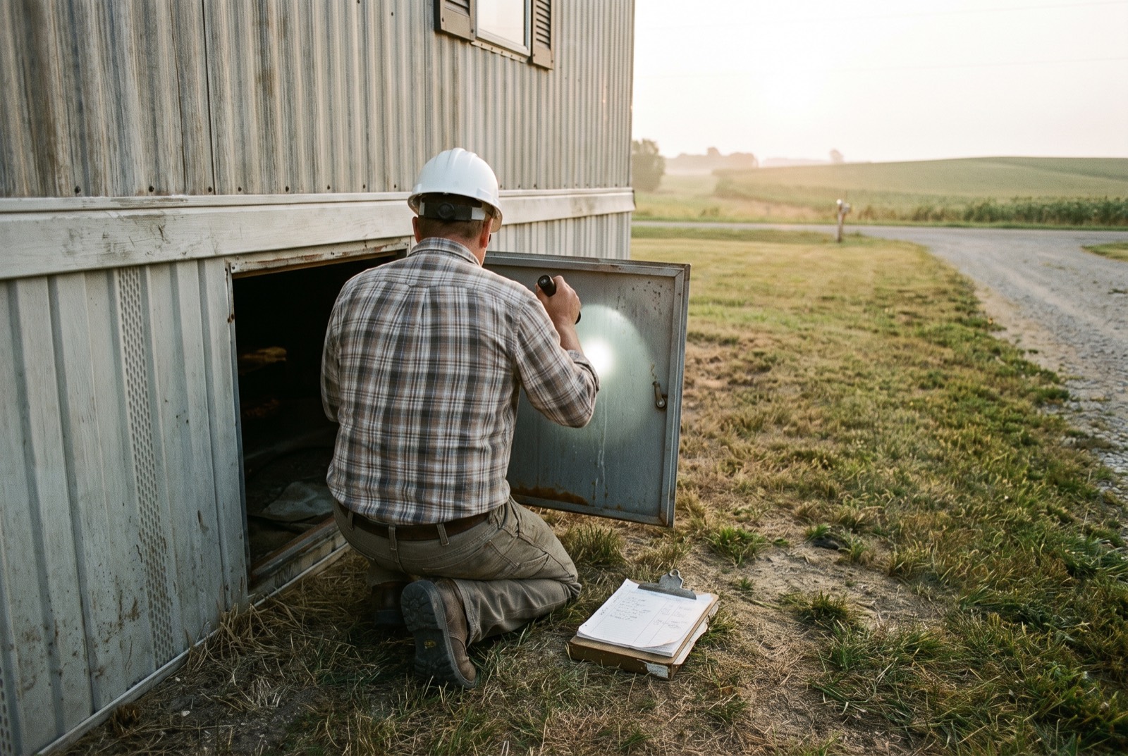 An engineer kneeling at an open skirting panel with a flashlight under a manufactured home